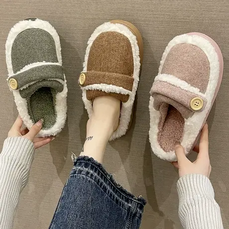 月子棉拖鞋女秋冬季时尚扣带室内外穿踩屎感厚底毛绒保暖包头拖鞋商品大图