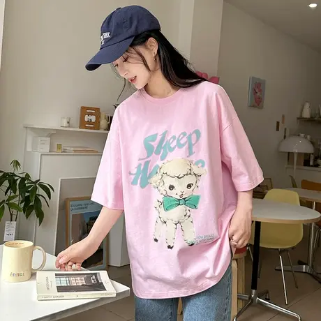 唐狮夏季圆领短袖T恤女2024新款宽松休闲粉色纯棉小众别致上衣sz商品大图