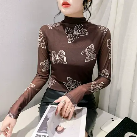 加绒加厚半高领T恤女长袖性感网纱印花上衣洋气修身减龄打底衫潮商品大图
