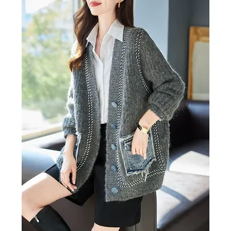 宝诗黎V领牛仔拼接宽松针织外套女春季单排扣开衫上衣2024年新款图片