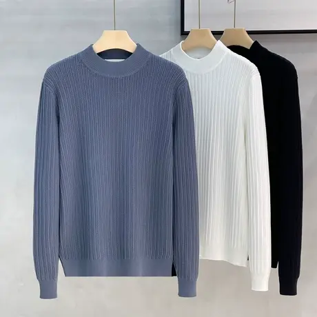 冬季半高领毛衣男新款条纹提花内搭秋冬保暖男士打底修身针织毛衫商品大图