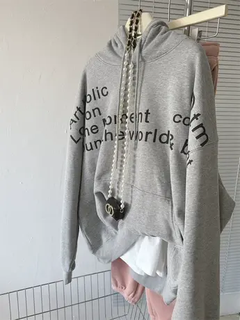 潮版帅气卫衣女加绒加厚秋冬季连帽宽松大码OVER SIZE中长款上衣商品大图