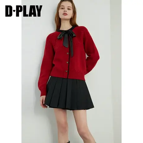 DPLAY春新年红色羊毛复古风撞色蝴蝶结金属扣绞花针织套头毛衣商品大图