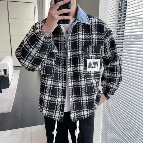 春秋季外套男痞帅男装上衣服2023新款春装褂子高级感潮牌格子夹克商品大图