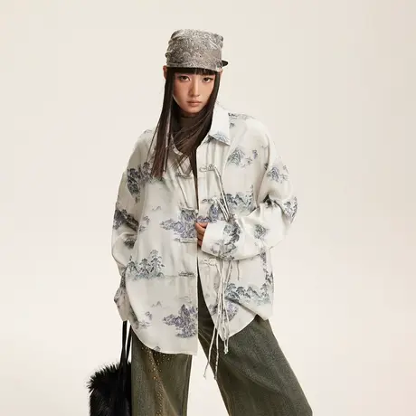 新中式国潮山水画白色衬衫女春秋2024新款复古新中式衬衣国风上衣商品大图