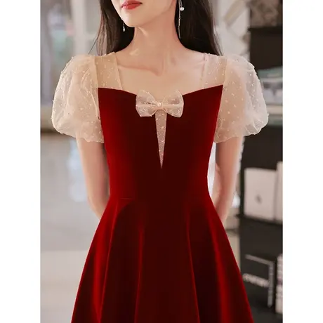 敬酒服新娘酒红色结婚订婚回门礼服连衣裙夏季平时可穿便装蝴蝶结图片