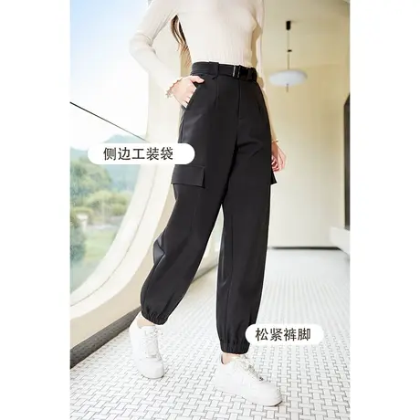 【直播间】香影束脚工装裤女高腰2023秋冬新款复古设计感黑色裤子商品大图