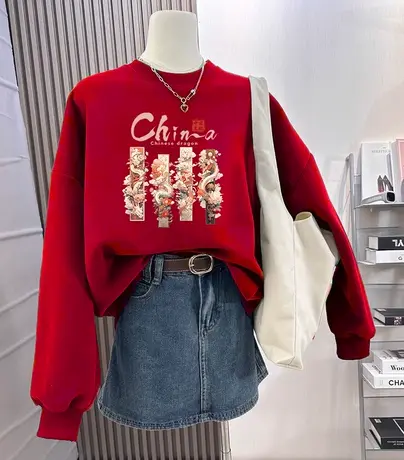 龙年设计感潮牌卫衣女大码胖mm宽松加绒上衣ins冬季大红喜庆外套商品大图