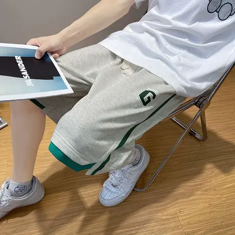 夏季新款侧边拼接织带休闲运动短裤男潮流宽松直筒阔腿潮牌五分裤商品大图