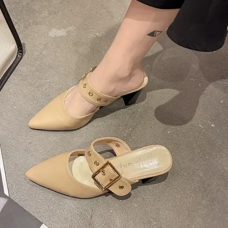 尖头半拖鞋女外穿2024夏季新款网红韩版百搭粗跟高跟鞋包头凉拖潮商品大图