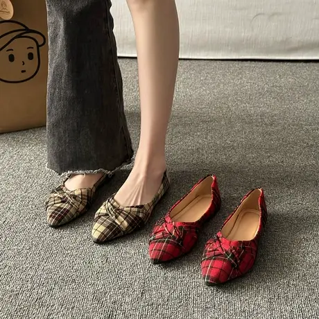 2024春季新款尖头平跟单鞋女时尚格子平底鞋休闲女奶奶软底淑女鞋商品大图
