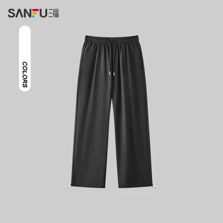 三福2024夏季男士宽松直筒休闲裤 简约净色橡筋腰长裤男482897商品大图