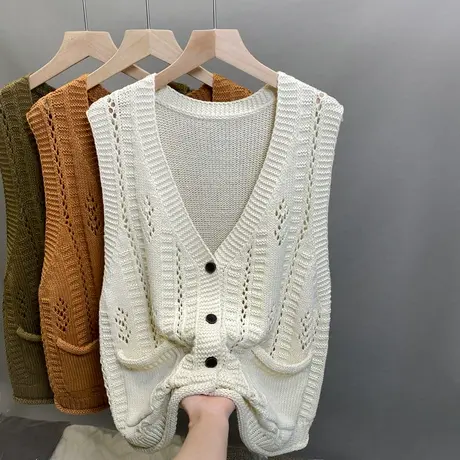 2024年早春女装新款无袖V领外搭毛衣女洋气镂空纯色针织衫女马甲商品大图