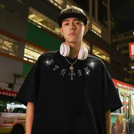 Nuthink美式高街嘻哈字母烫钻短袖T恤男oversize潮牌半袖上衣夏季商品大图