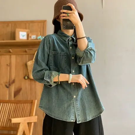 dza 复古纯棉口袋牛杂衬衣女士2024春季新款宽松休闲上衣百搭衬衫图片