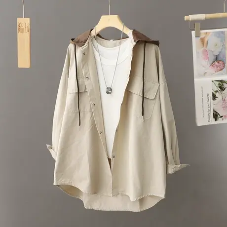 卡其色连帽风衣女2024春季新款慵懒风设计感韩版中长款休闲外套潮图片