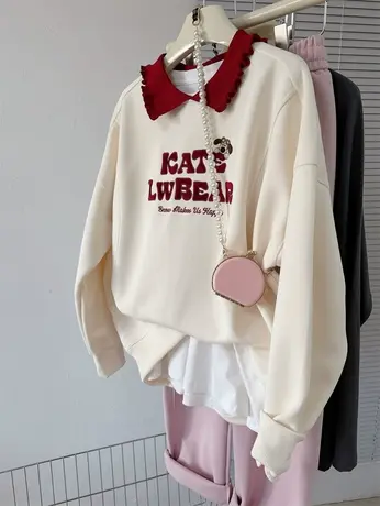 2024春季新款花边POLO翻领字母小狗刺绣帖布上衣女小众薄款卫衣潮商品大图