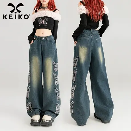 KEIKO 蝴蝶绣花直筒牛仔裤女2024春夏复古休闲宽松显瘦拖地阔腿裤图片
