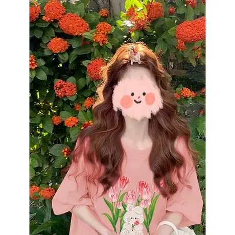 粉色纯棉短袖t恤女夏季洋气减龄小众设计感宽松半袖上衣港风chic商品大图