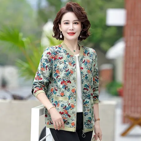 妈妈春装短款外套洋气中老年女装春秋上衣碎花宽松休闲棒球服薄款图片