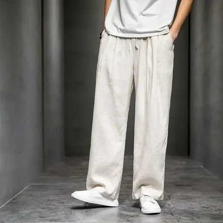 夏季亚麻裤男士薄款透气宽松直筒长裤麻料阔腿垂感棉麻休闲裤潮流商品大图