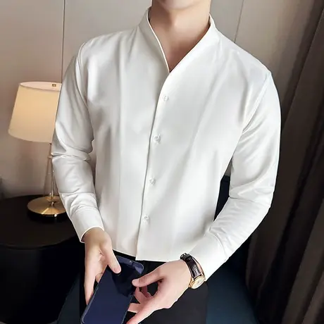 新中式国风一片式无领衬衫男长袖春季无痕V领痞帅简约通勤上衣潮商品大图
