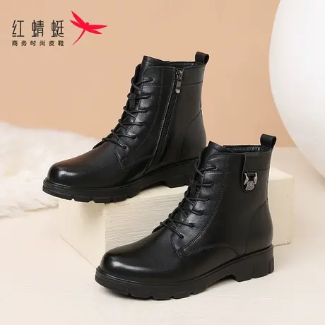 红蜻蜓马丁靴女2024春秋款厚底黑色短靴加绒加厚保暖英伦风单靴商品大图