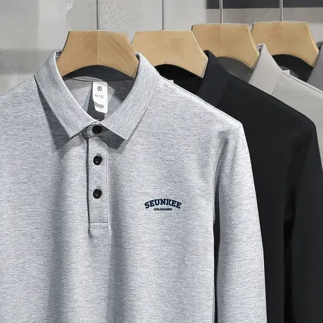 男士长袖polo衫珠地棉翻领t恤有领商务潮流带领打底衫灰色秋衣服商品大图