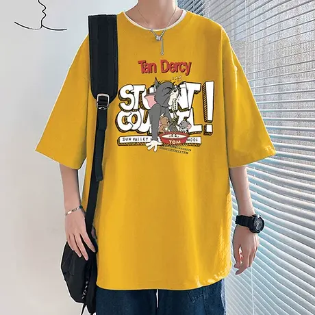 夏季短袖T恤男潮流港风动漫卡通印花半袖ins潮牌打底衫宽松五分袖商品大图