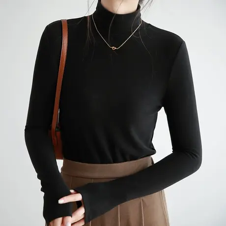 嘉茱莉2023春秋新款黑科技长袖T恤女内搭保暖打底衫半高领女修身商品大图