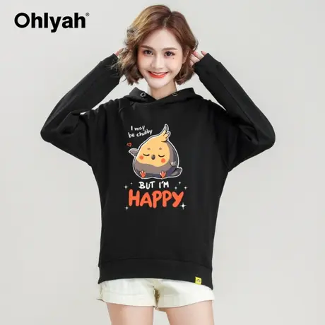 Ohlyah品牌 纯棉黑色卫衣女情侣装2023年春秋新款连帽衫外套学生商品大图