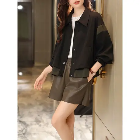 宝诗黎翻领拼接夹克上衣女春秋季2023新款单排扣开衫外套宽松休闲商品大图