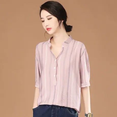 韩潮袭人立领短袖衬衫女士2023夏装新款条纹衬衣设计感宽松上衣薄商品大图