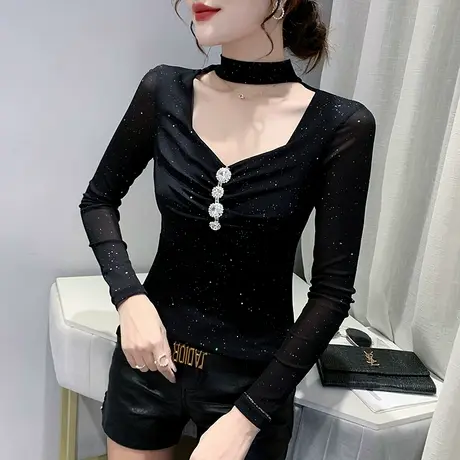 加绒打底衫女秋冬性感镂空长袖T恤洋气质网纱小衫紧身内搭上衣潮商品大图