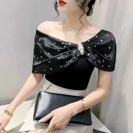 欧货时尚一字肩短袖T恤女士夏装洋气减龄上衣别致拼接钉珠小衫潮商品大图