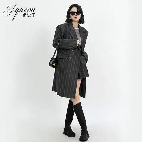 条纹西装大衣女中长款2023秋季复古设计感休闲加厚廓形西服外套商品大图