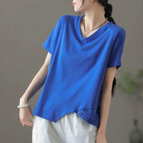 dza 复古纯色全棉宽松V领短袖t恤女士夏季薄款不规则上衣打底半袖商品大图