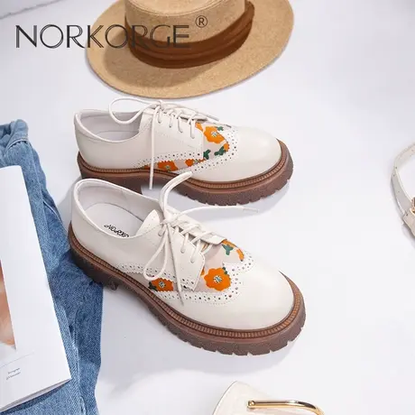 原创新款春复古仙女风俏皮米白色系带单鞋女真皮配裙子小皮鞋2023商品大图