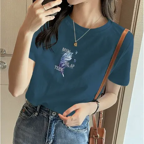 宝蓝色短袖t恤女宽松纯棉百搭正肩上衣2023年新款夏季打底衫体恤图片