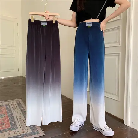 小个子渐变阔腿裤女夏薄款2023新款高腰垂感冰丝百褶直筒拖地裤子商品大图