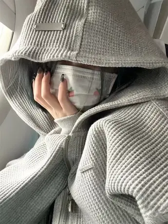 oversize连帽卫衣女秋冬小个子高级感上衣慵懒风加绒加厚开衫外套商品大图