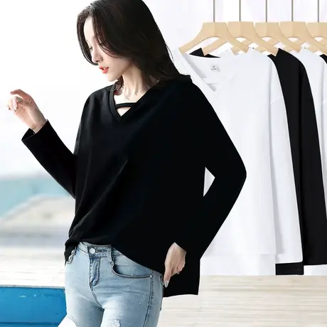 黑色超大版宽松t恤女显瘦v领长袖打底衫中长款白色不规则纯棉上衣图片