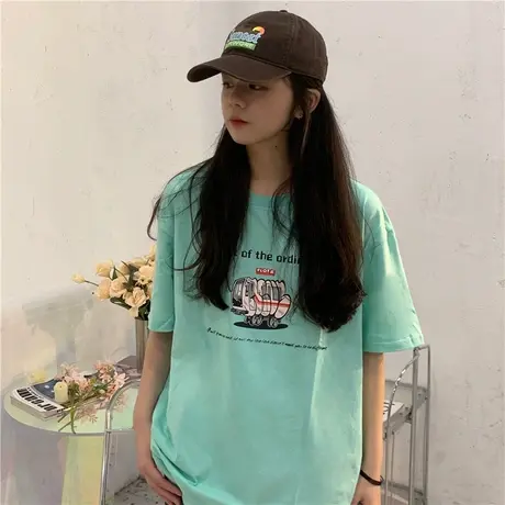 红续小奶绿显白宽松纯棉短袖T恤女夏季学院风小个子半袖百搭上衣图片