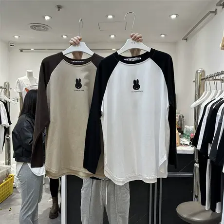 2023春秋季新款韩版宽松显瘦洋气减龄百搭兔子印花长袖T恤上衣女商品大图