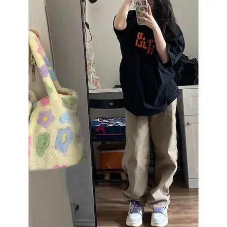 欧美潮牌纯棉短袖t恤女夏季圆领宽松小众设计感复古半截袖上衣ins图片