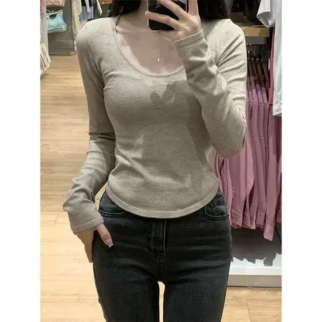 U领长袖t恤女春装2023新款内搭修身显瘦独特别致辣妹打底衫上衣服图片