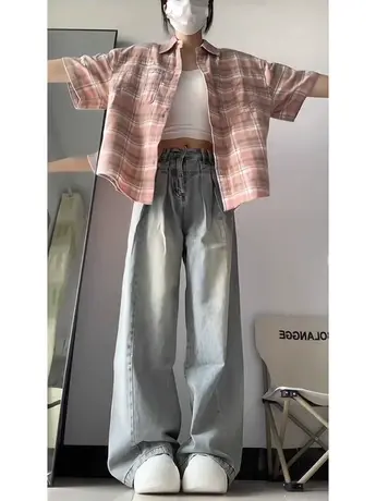 美式复古牛仔长裤女设计感秋季薄款小个子垂感高腰显瘦直筒阔腿裤图片