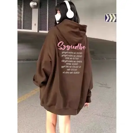 oversize美式复古设计感连帽卫衣女秋冬季加绒加厚潮ins宽松外套图片