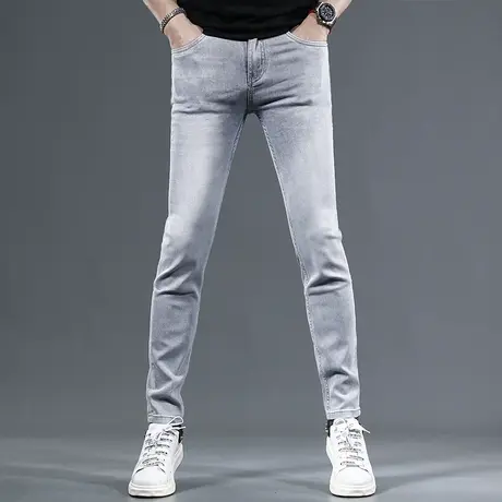 2023夏季新款冰丝牛仔裤男灰色弹力修身小脚潮牌潮流男士薄款长裤图片