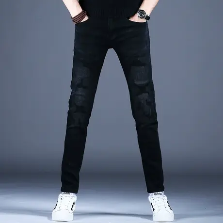 秋款纯黑色破洞牛仔裤男潮牌潮流裤子美式高街2023新款弹力休闲裤商品大图
